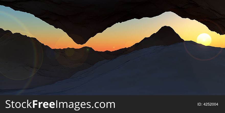 An panoramic image of a cave opening looking out towards a sky. An panoramic image of a cave opening looking out towards a sky.