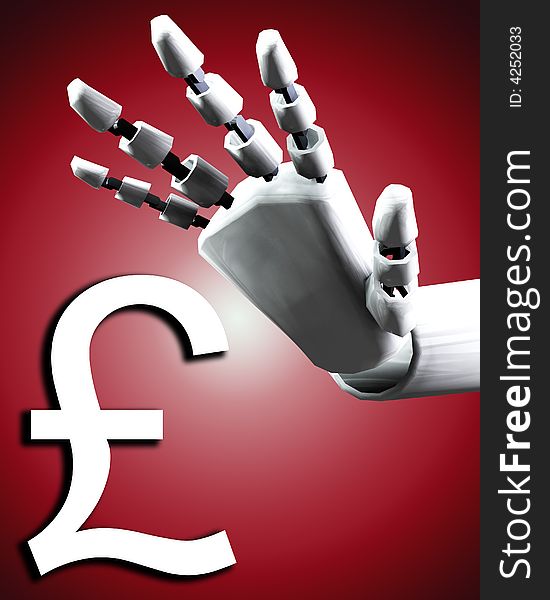 A conceptual image of a robot hand with a pound, it would be a good image for technology and money concepts. A conceptual image of a robot hand with a pound, it would be a good image for technology and money concepts.