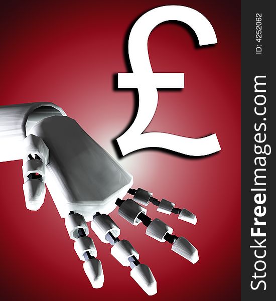 A conceptual image of a robot hand with a pound, it would be a good image for technology and money concepts. A conceptual image of a robot hand with a pound, it would be a good image for technology and money concepts.