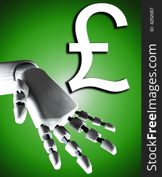 A conceptual image of a robot hand with a pound, it would be a good image for technology and money concepts. A conceptual image of a robot hand with a pound, it would be a good image for technology and money concepts.