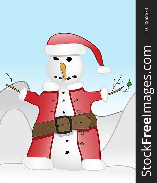 Snowman with Santa's clothes and blue sky