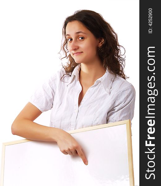 Young woman holding and showing a wite board, with a copy-space. Young woman holding and showing a wite board, with a copy-space