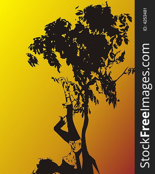 Girl and tree on orange yellow background  illustration