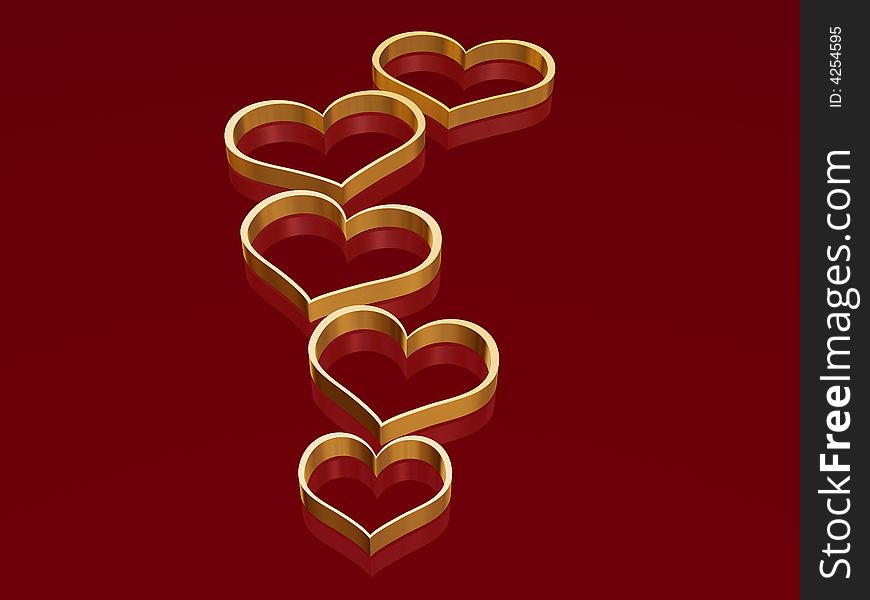 3d golden hearts over red background with reflection. 3d golden hearts over red background with reflection