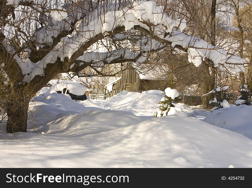 Idyllic scene of rural farm in winter. Idyllic scene of rural farm in winter.