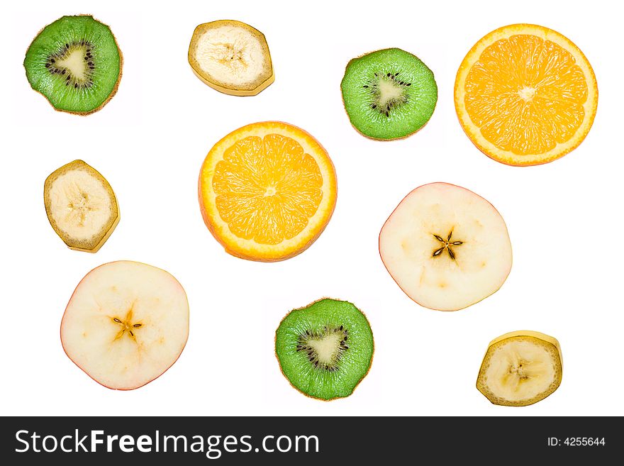 Close-up many fruit slices, isolated on white