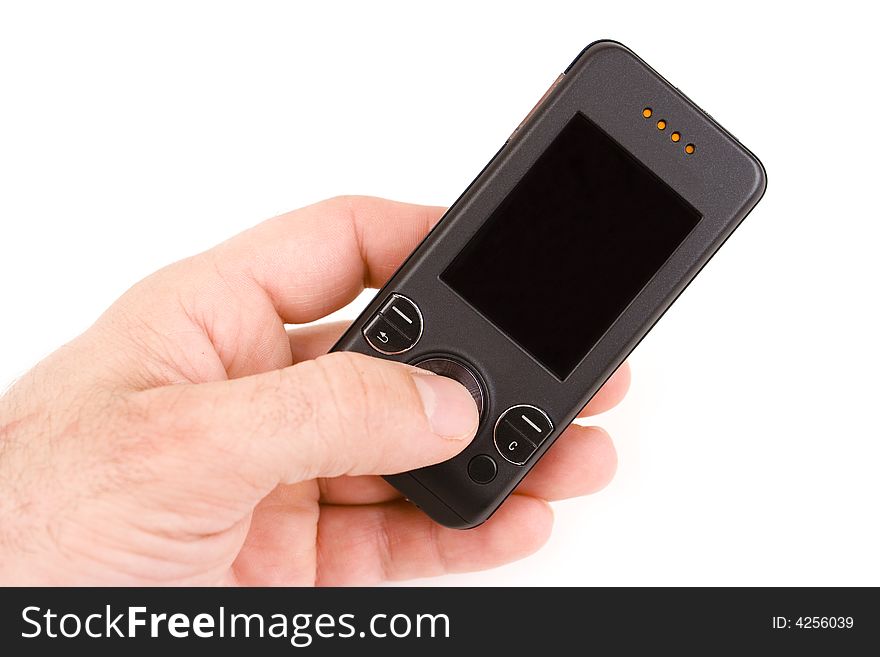 Hand holding mobile phone isolated on a white background