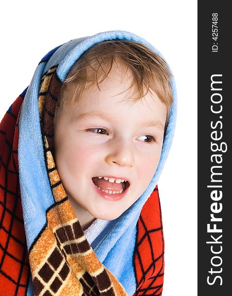 Cheerful kid in bath towel