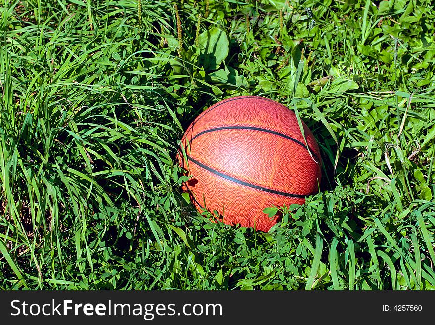 Closeup of a basketball found lying on the grass. Closeup of a basketball found lying on the grass