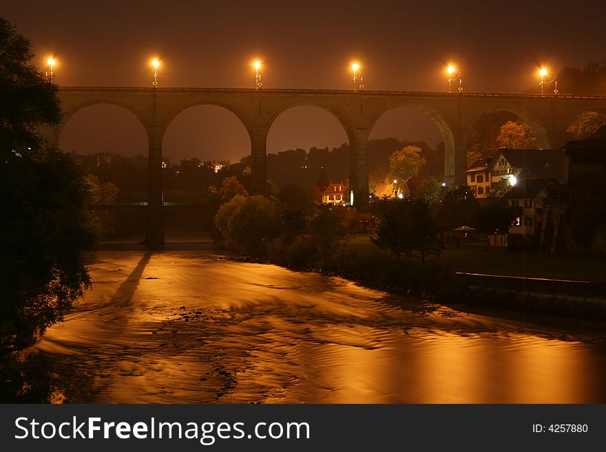 Famous Fribourge bridge at night in Switzerland, close to Zurich