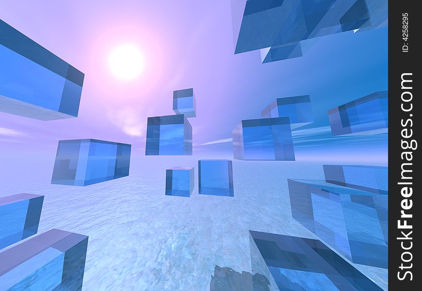 Flying Crystal Cubes over the water on a horizon towards the sun. Flying Crystal Cubes over the water on a horizon towards the sun.