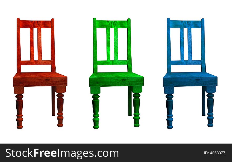 Three 3D chairs in red green and blue