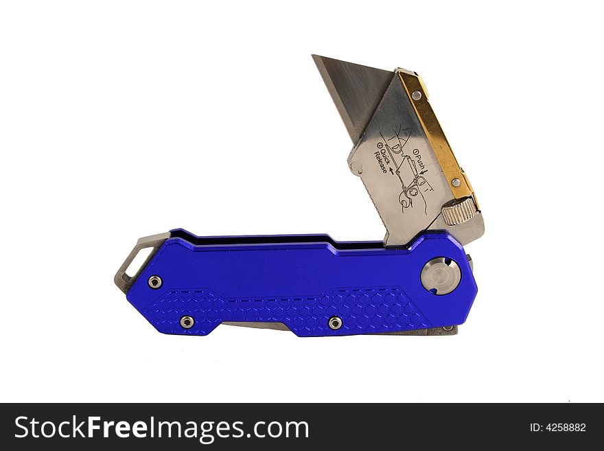 A Open Blue anodized contractors razor knife. A Open Blue anodized contractors razor knife