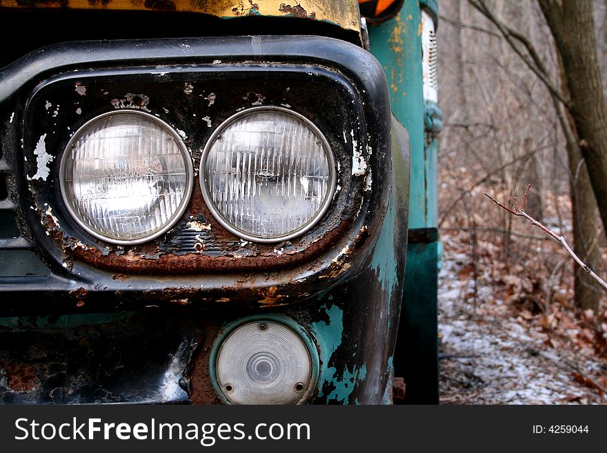 Photograph of an antique car parked in the woods