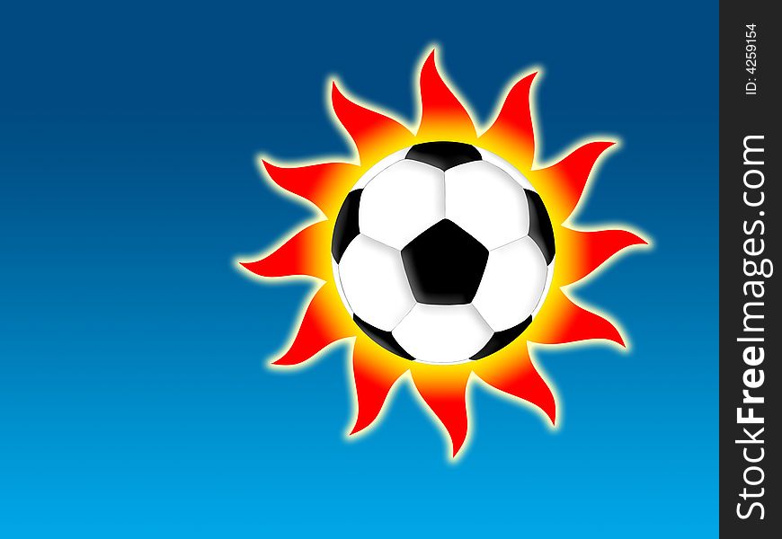 Football and red sun on a blue background. Football and red sun on a blue background