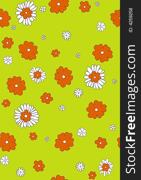 Seamless orange & white flowers over a green background
