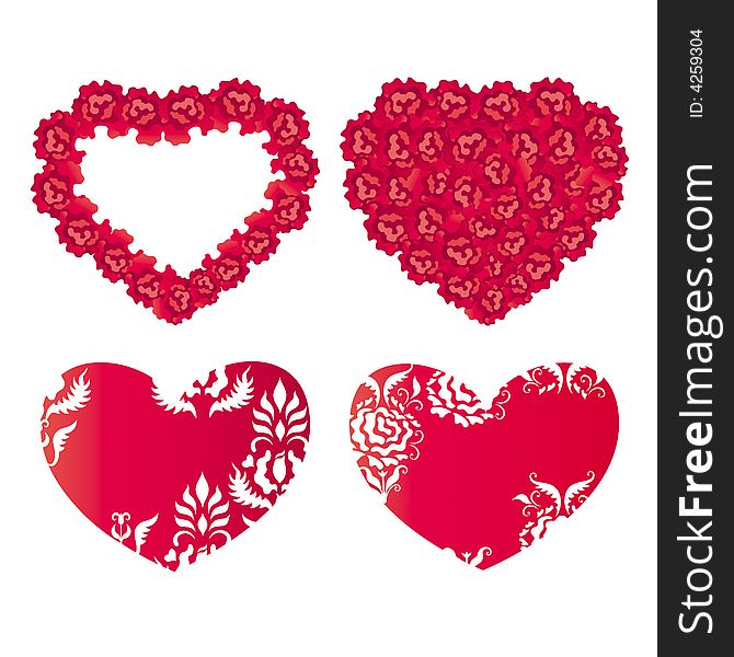 Roses in the shape of heart and hearts with patterns in retro style. Roses in the shape of heart and hearts with patterns in retro style