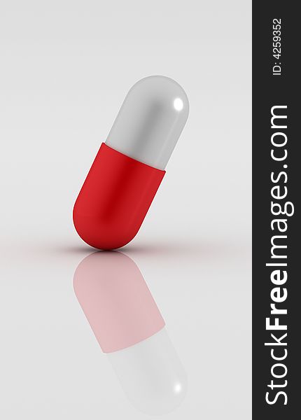 3d Rendered pill on reflective white plane. 3d Rendered pill on reflective white plane