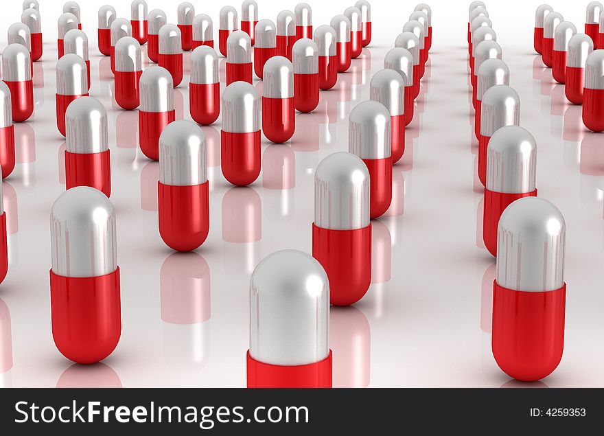 3d Rendered pills on reflective white plane. 3d Rendered pills on reflective white plane