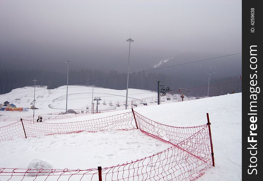 Snow, red net, perspective, white. Snow, red net, perspective, white