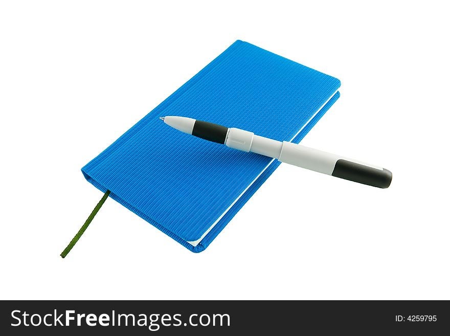 Blue calendar and ballpen isolated on a white background