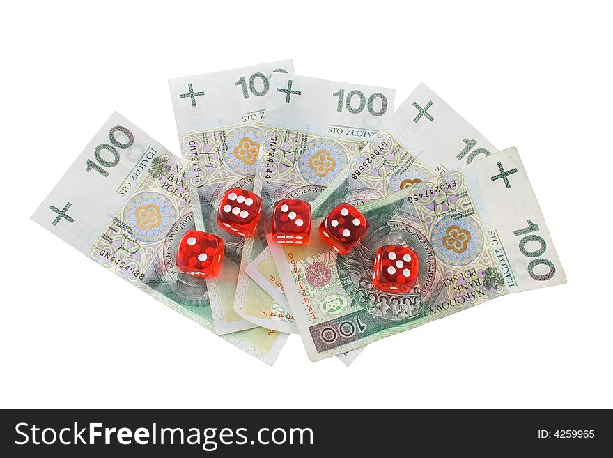 Dices and money isolated on a white background