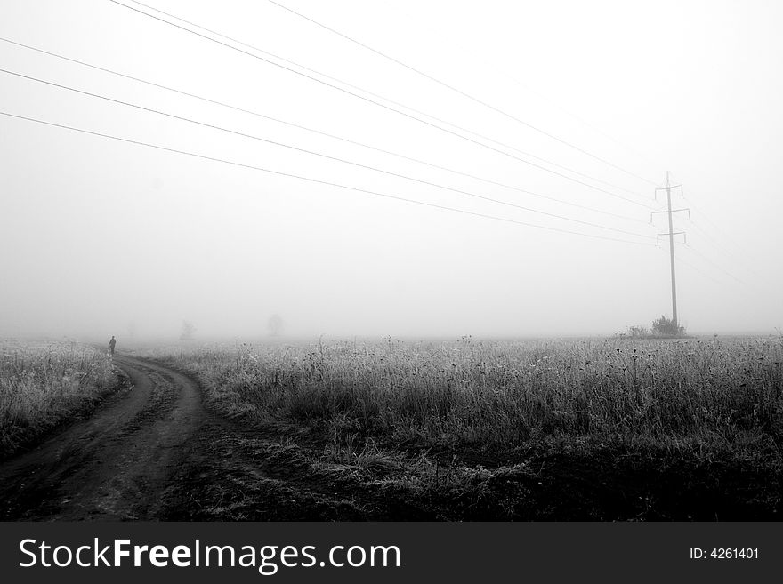 Monochrome landscape in Russia in morning on road. Monochrome landscape in Russia in morning on road