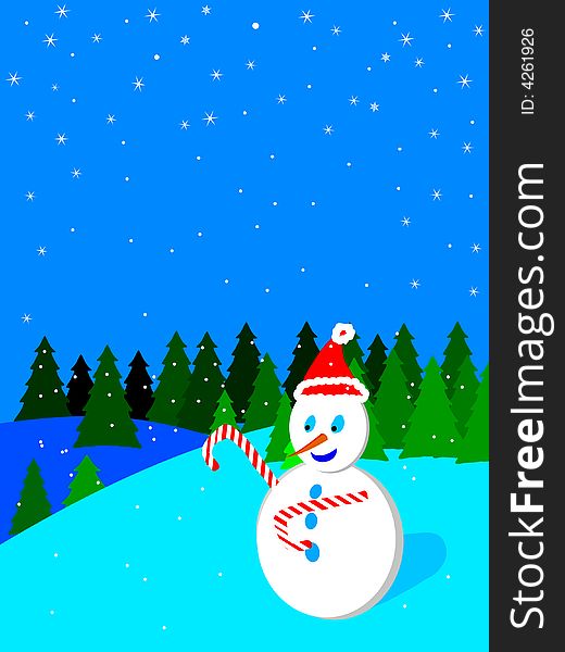 Vector illustration of snowman in a winter forest