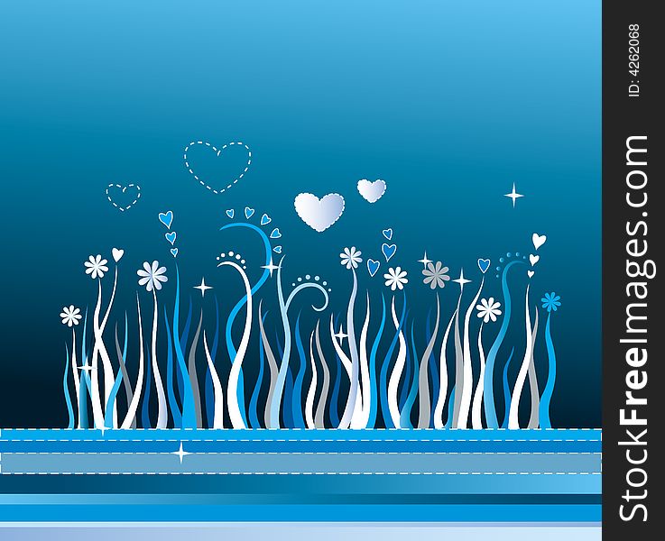Background With Grass, Stripes, Flowers And Hearts