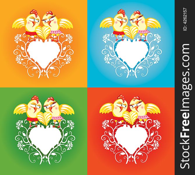 Illustration of frame with cute birds in four color variations. Illustration of frame with cute birds in four color variations