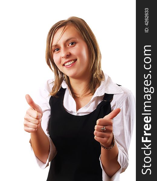 Woman giving the thumbs up and smiling. Woman giving the thumbs up and smiling