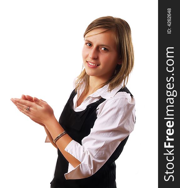 Young woman applauding on a white background. Young woman applauding on a white background