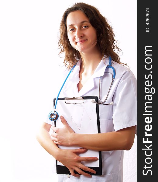 Female doctor with a stethoscope, holding a folder