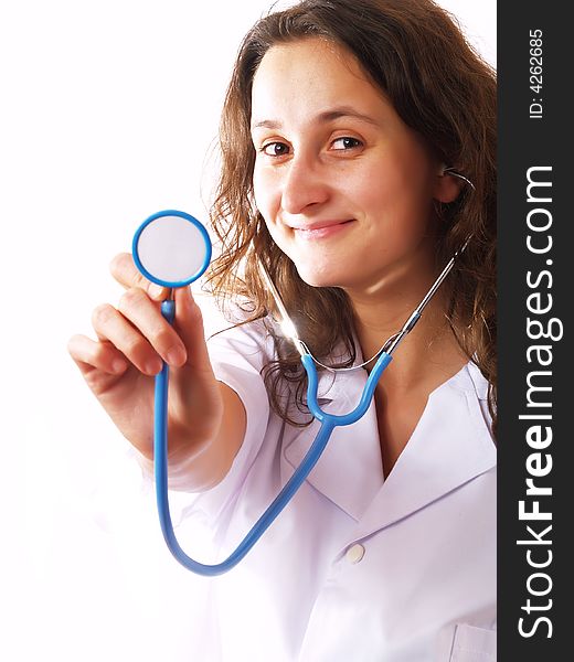 Female doctor holding a stethoscope. Female doctor holding a stethoscope
