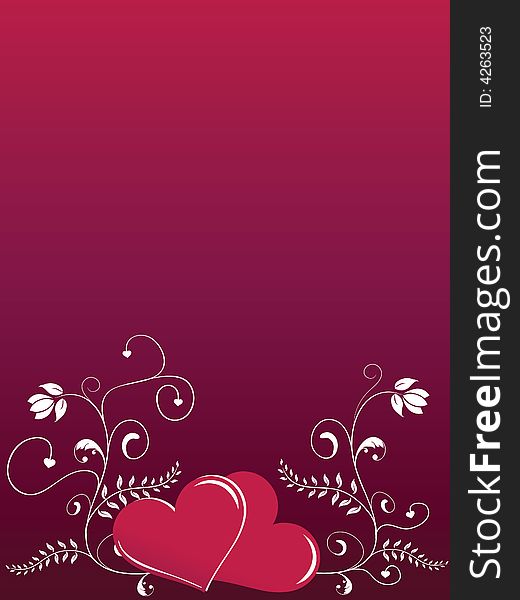 Valentine hearts with floral swirls on red graduated background