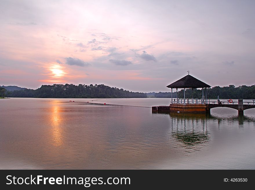 Sunset at pavillion in lake singapore. Sunset at pavillion in lake singapore