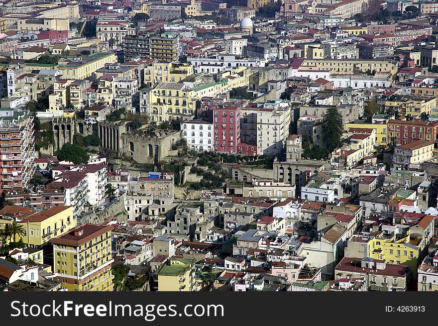 Aerial view of Naples, Italy, rooftops and colorful buildings, urban setting. Aerial view of Naples, Italy, rooftops and colorful buildings, urban setting