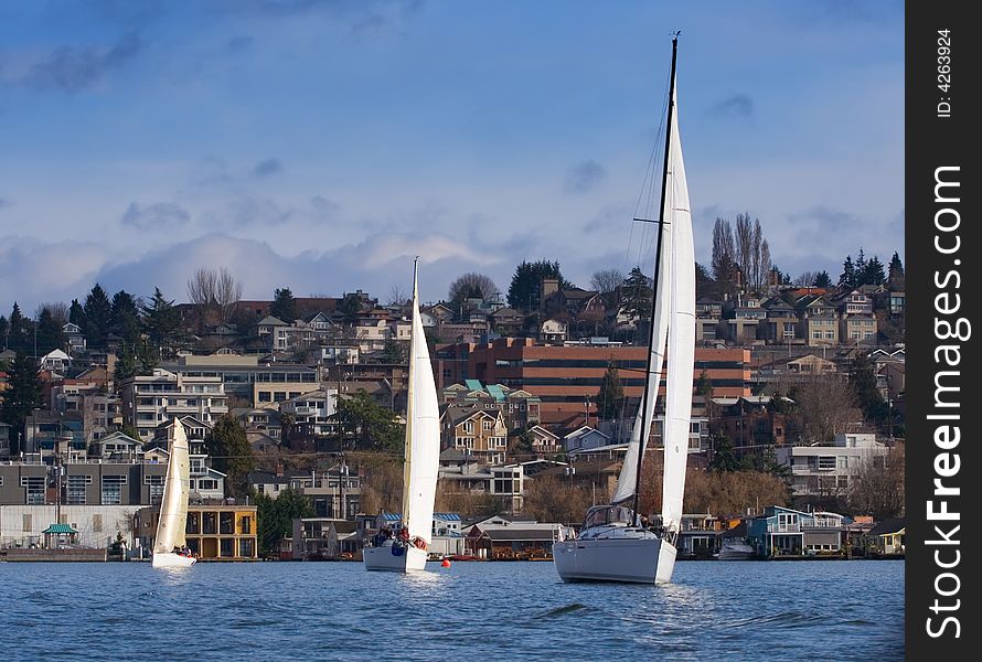 Three symmatrical yachts on a lake with city on background. Three symmatrical yachts on a lake with city on background