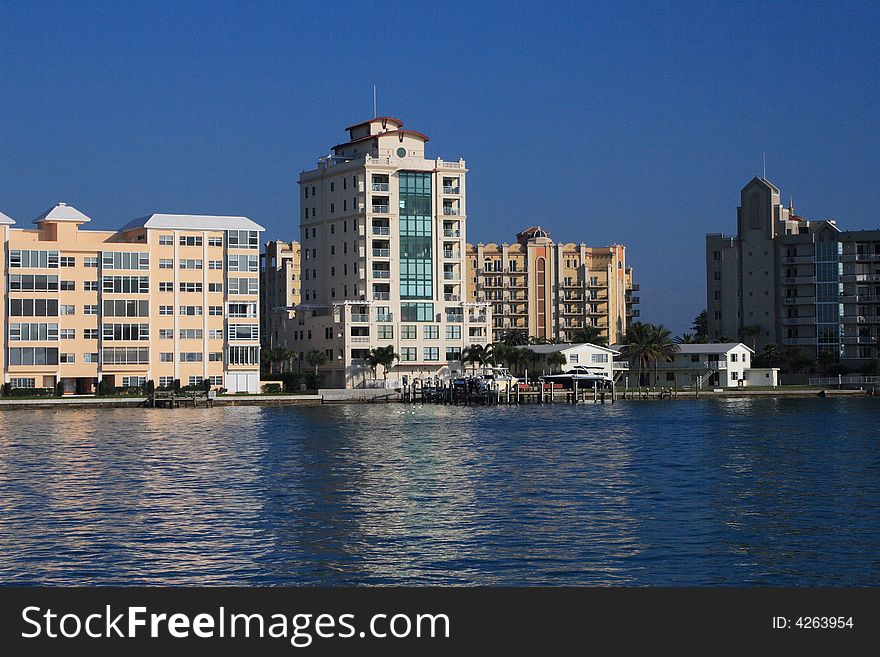 Waterfront buildings and condos on the bay in south west Florida