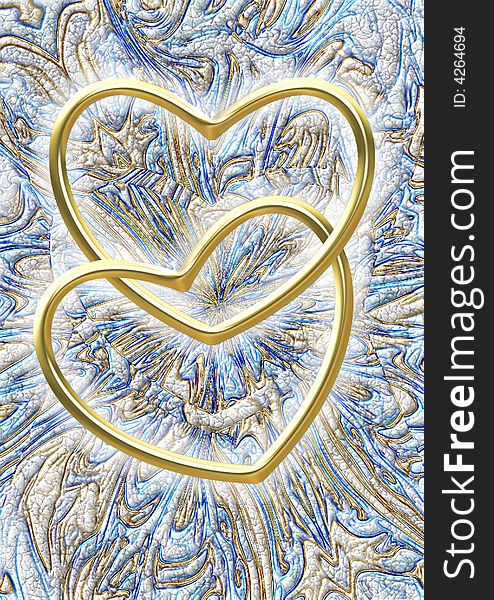 Two glowing interlaced golden hearts, on a complex blue background striated by a golden effect. Two glowing interlaced golden hearts, on a complex blue background striated by a golden effect.