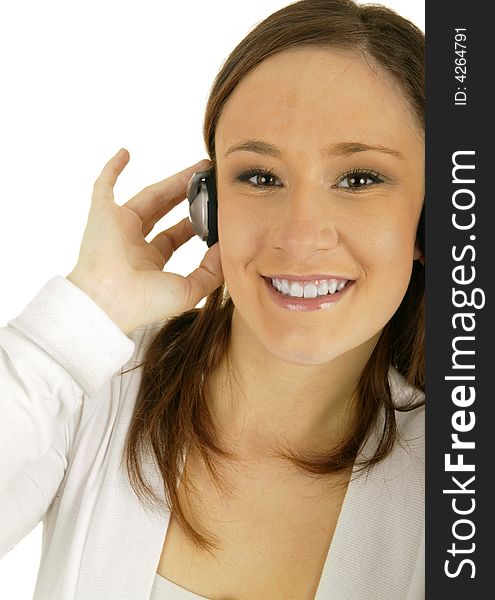 Close up portrait of beautiful caucasian girl smiling and wearing headset. Close up portrait of beautiful caucasian girl smiling and wearing headset