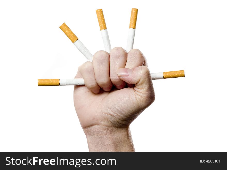 Male hand with many cigarettes isolated on white