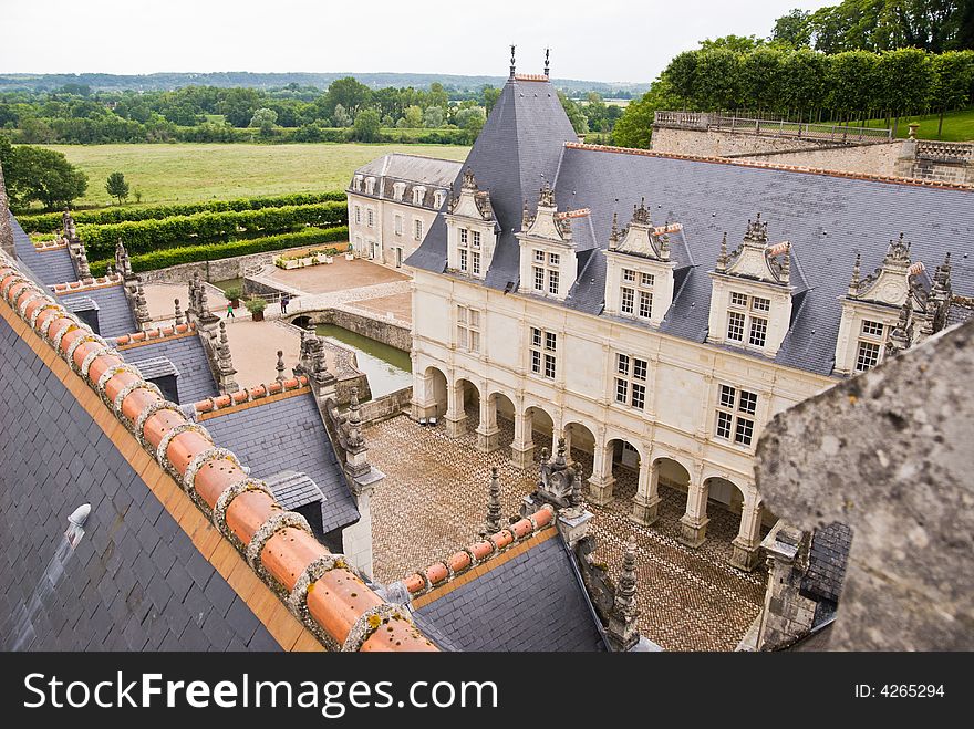 Chateau Villandry, Loire Valley, France. View down from the tower.