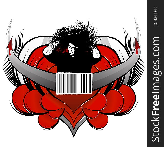 Vector illustration of a central dangerous man with white eyes and messy hair, a barcode concept element in the middle and patterned hearts with wings and bloody horns in the back. Customizable. Vector illustration of a central dangerous man with white eyes and messy hair, a barcode concept element in the middle and patterned hearts with wings and bloody horns in the back. Customizable.