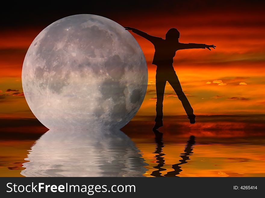 Illustration - Girl silhouette and moon on a red sky. Illustration - Girl silhouette and moon on a red sky.