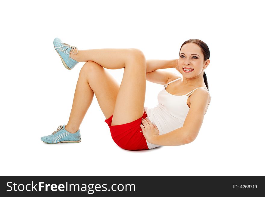 Fitness woman make exercises on white background