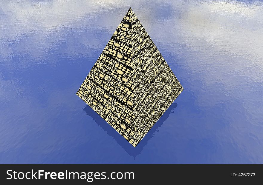 3D Pyramid on the water with reflection of sun and clouds