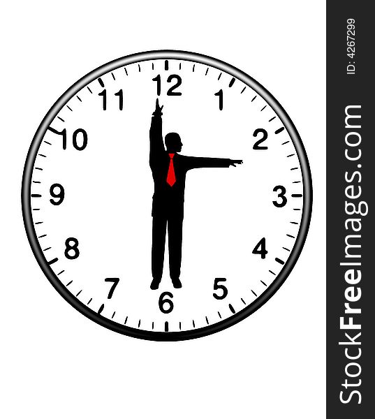 An illustration featuring a businessman wearing a red tie standing within a clock with his arms and legs as the clock's hands. An illustration featuring a businessman wearing a red tie standing within a clock with his arms and legs as the clock's hands