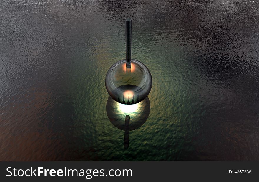 3D retort on the water with ripples and reflection of sun