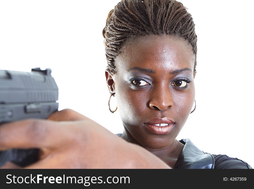 Woman Aiming a Gun Isolated on White Background